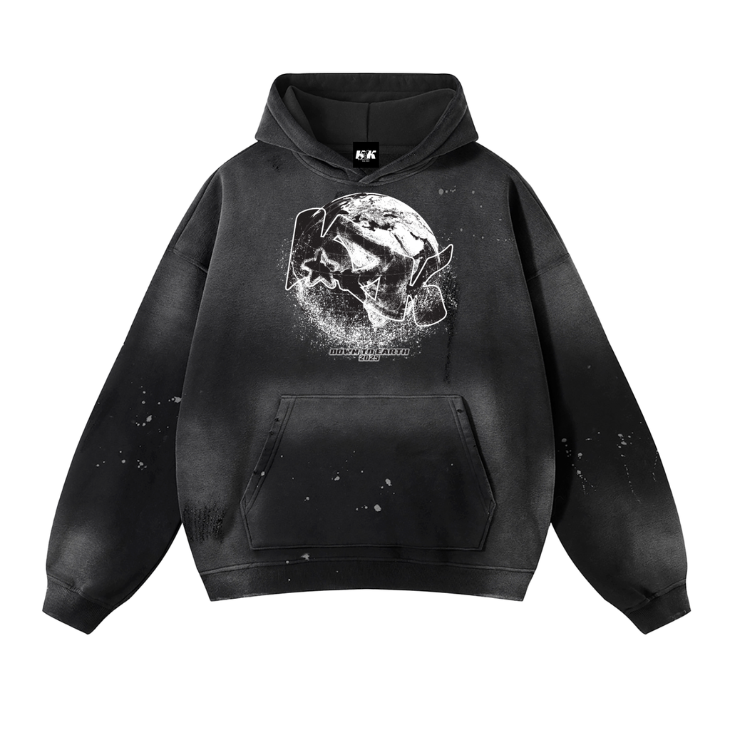 WORLDWIDE - Down to Earth, Vintage Washed Frayed Fleece Hoodie